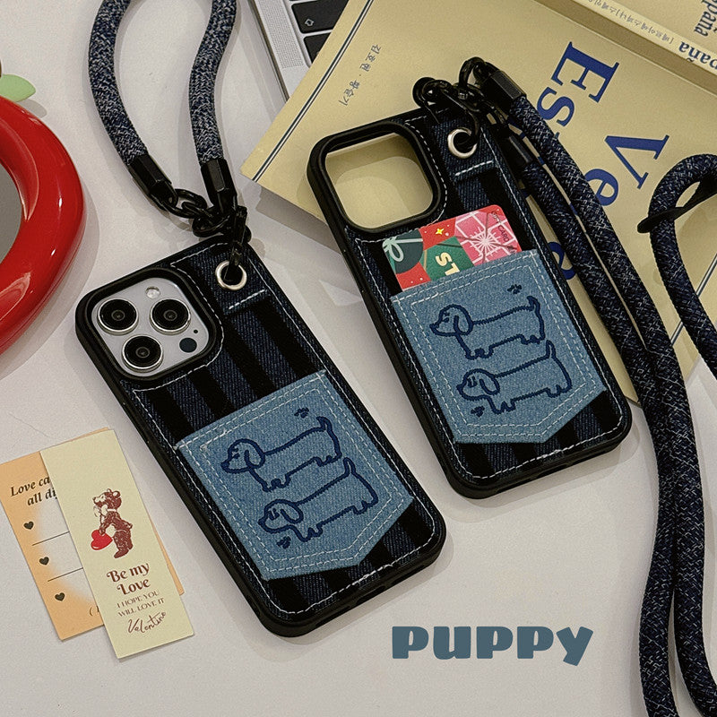 Chromahome Autumn and Winter Denim Embroidered Cartoon Dachshund Card Holder iPhone Case - Chromahome