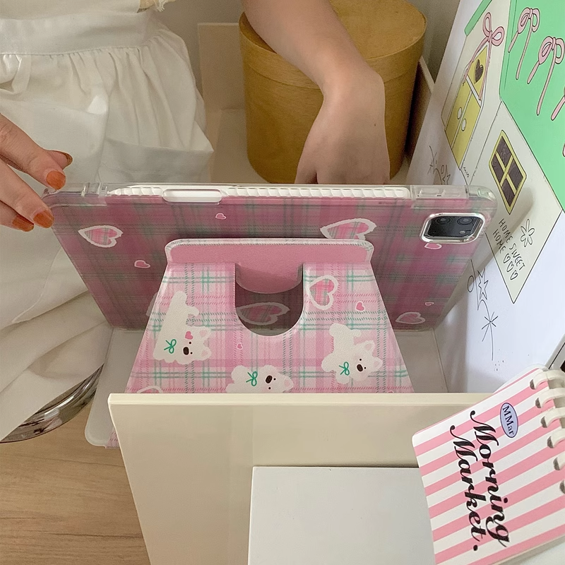 Chromahome Pink Plaid Embroidered Puppy 360-Degree Rotating iPad Case