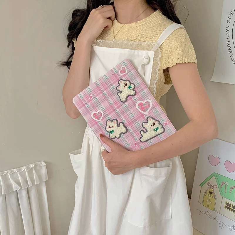 Chromahome Pink Plaid Embroidered Puppy 360-Degree Rotating iPad Case