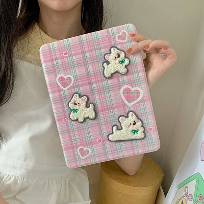 Chromahome Pink Plaid Embroidered Puppy 360-Degree Rotating iPad Case