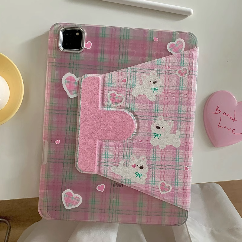Chromahome Pink Plaid Embroidered Puppy 360-Degree Rotating iPad Case