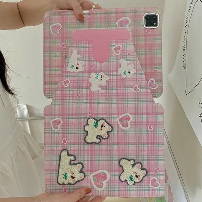 Chromahome Pink Plaid Embroidered Puppy 360-Degree Rotating iPad Case