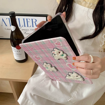 Chromahome Pink Plaid Embroidered Puppy 360-Degree Rotating iPad Case