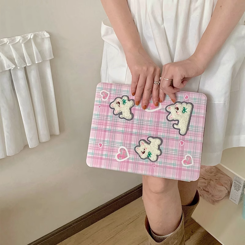 Chromahome Pink Plaid Embroidered Puppy 360-Degree Rotating iPad Case