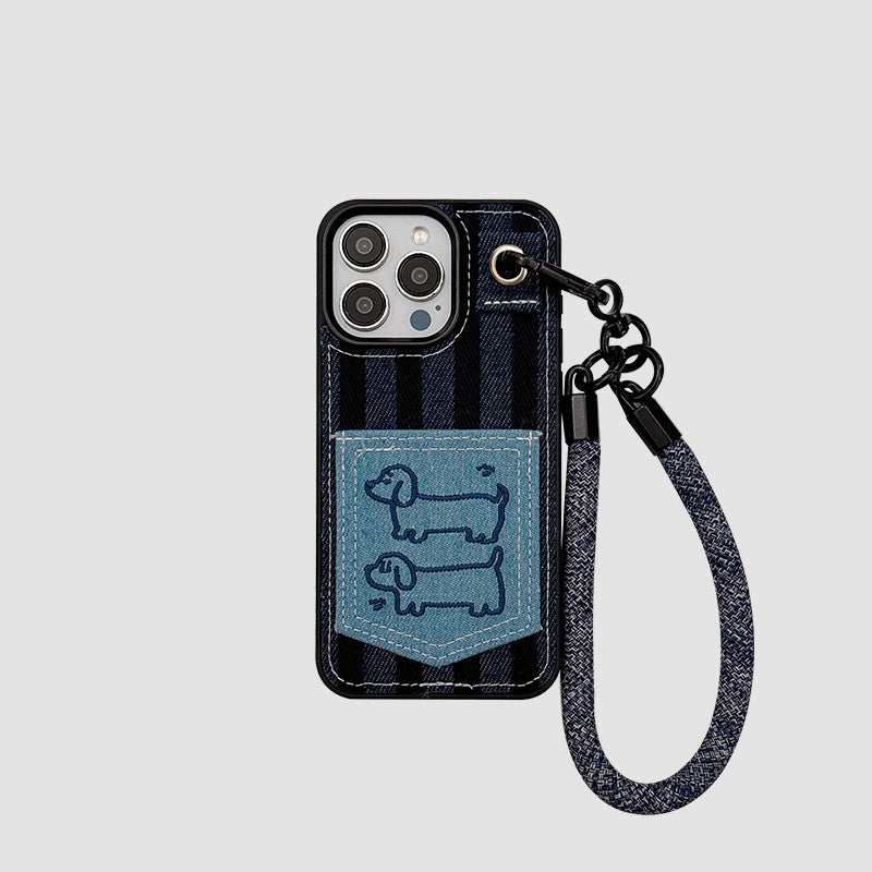 Chromahome Autumn and Winter Denim Embroidered Cartoon Dachshund Card Holder iPhone Case - Chromahome  