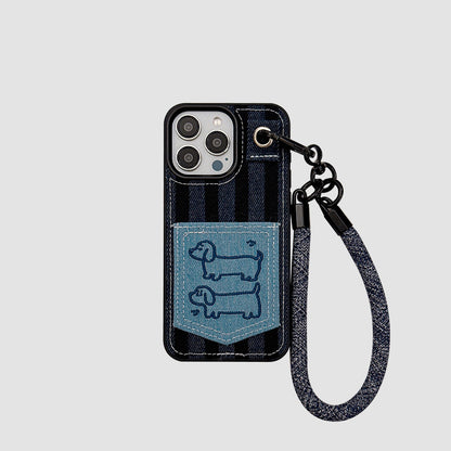 Chromahome Autumn and Winter Denim Embroidered Cartoon Dachshund Card Holder iPhone Case - Chromahome  