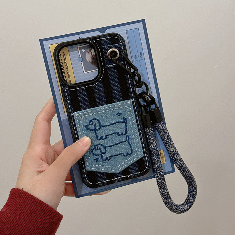 Chromahome Autumn and Winter Denim Embroidered Cartoon Dachshund Card Holder iPhone Case - Chromahome  