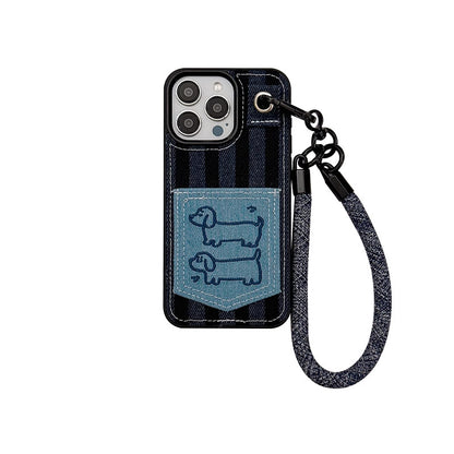 Chromahome Autumn and Winter Denim Embroidered Cartoon Dachshund Card Holder iPhone Case - Chromahome  