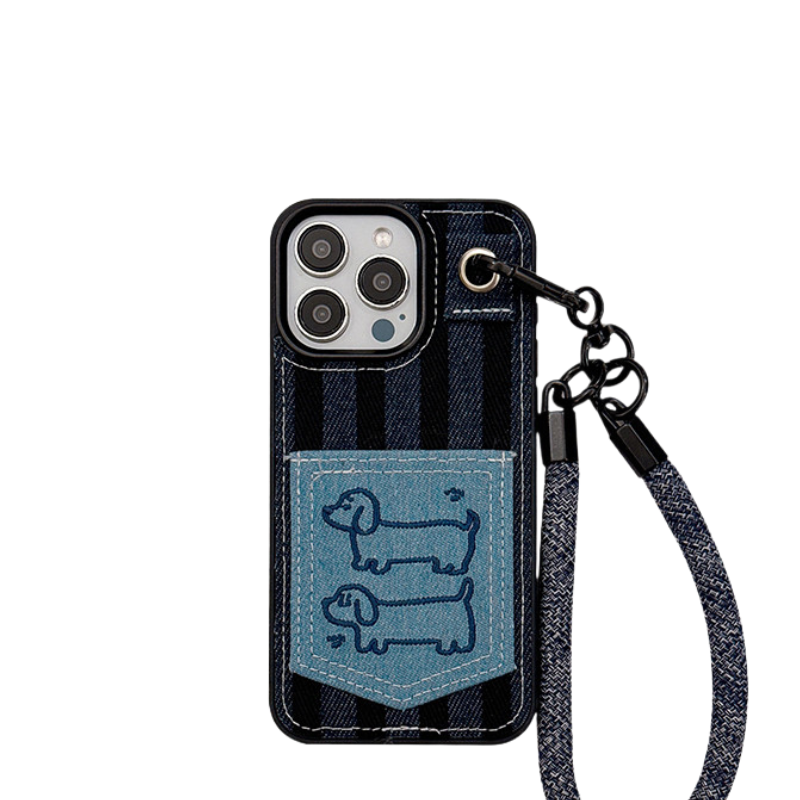 Chromahome Autumn and Winter Denim Embroidered Cartoon Dachshund Card Holder iPhone Case - Chromahome  