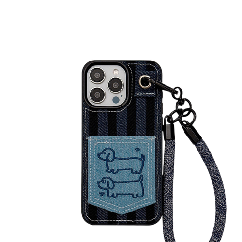Chromahome Autumn and Winter Denim Embroidered Cartoon Dachshund Card Holder iPhone Case - Chromahome  