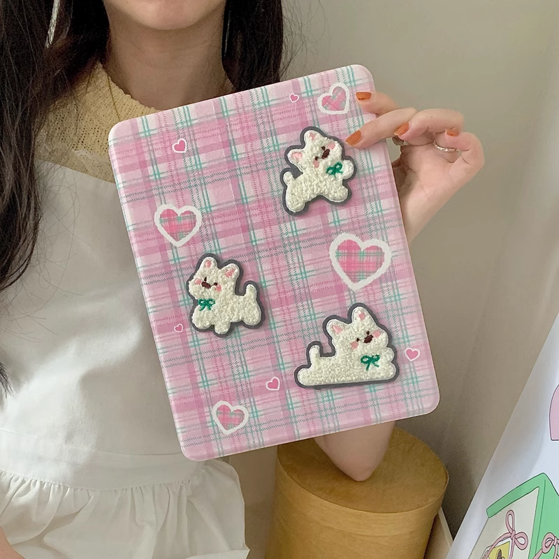 Chromahome Pink Plaid Embroidered Puppy iPad Case - Chromahome  