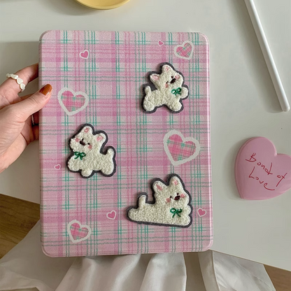 Chromahome Pink Plaid Embroidered Puppy iPad Case - Chromahome  