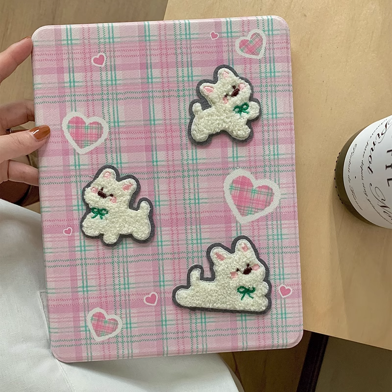 Chromahome Pink Plaid Embroidered Puppy iPad Case - Chromahome  