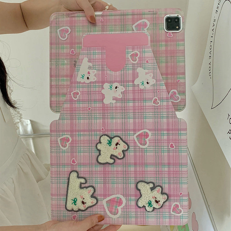 Chromahome Pink Plaid Embroidered Puppy 360-Degree Rotating iPad Case