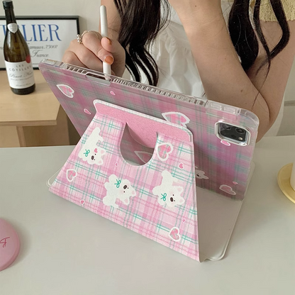 Chromahome Pink Plaid Embroidered Puppy 360-Degree Rotating iPad Case