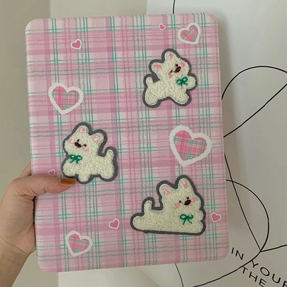 Chromahome Pink Plaid Embroidered Puppy 360-Degree Rotating iPad Case