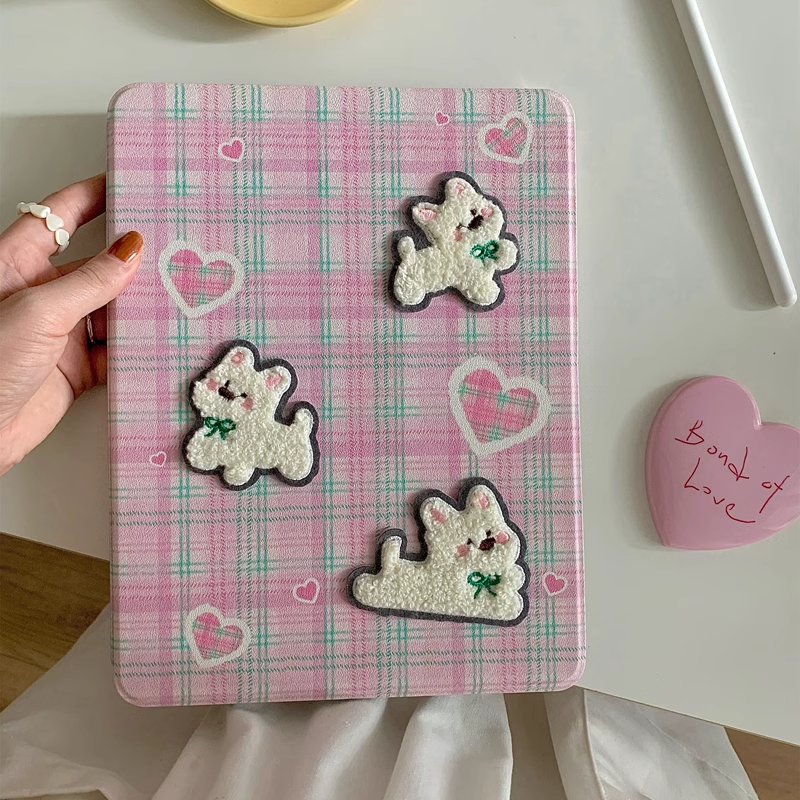 Chromahome Pink Plaid Embroidered Puppy 360-Degree Rotating iPad Case