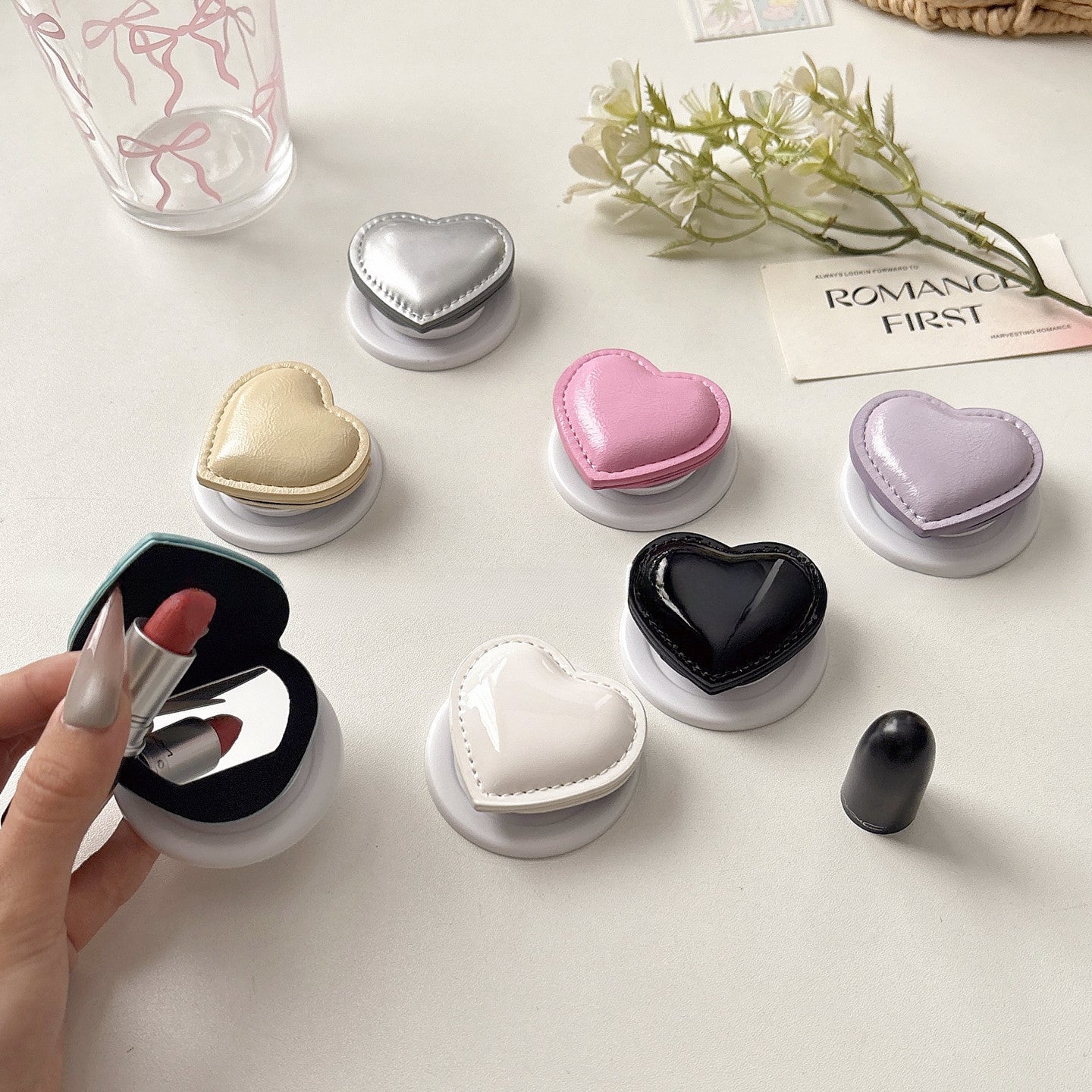 Chromahome Heart Shape Flip Cover Mirror Makeup MagSafe Adhesive Ring Holder