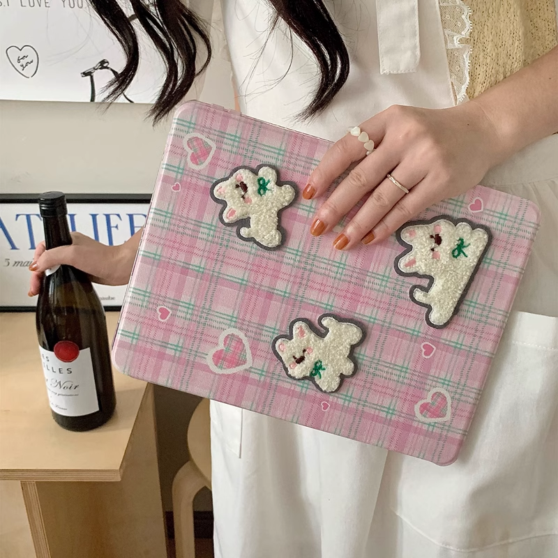 Chromahome Pink Plaid Embroidered Puppy 360-Degree Rotating iPad Case