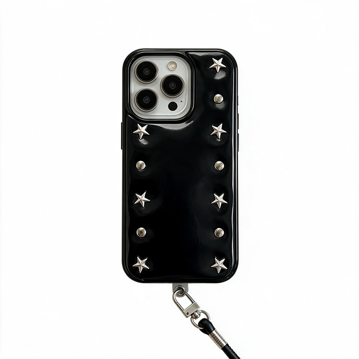 Chromahome Metal Star Rivet Black Patent Leather Lanyard for Apple Phone Case