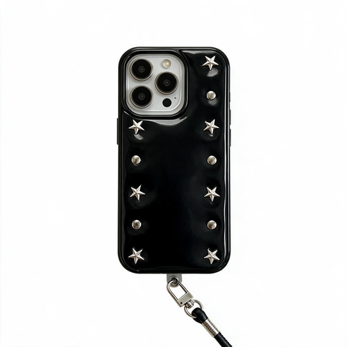 Chromahome Metal Star Rivet Black Patent Leather Lanyard for Apple Phone Case